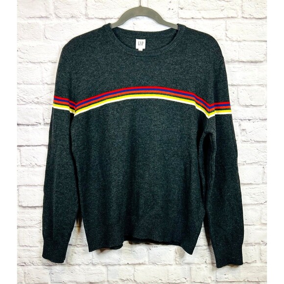 Gap Mens Charcoal Gray Rainbow Stripe Crewneck Wool Blend Sweater Pullover XL - Picture 1 of 5